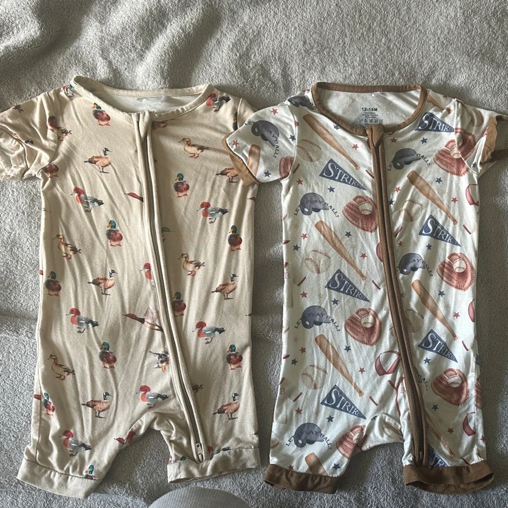 2-Pack Bamboo Baby Zip Rompers with Sports & Animal Prints ducks baseball